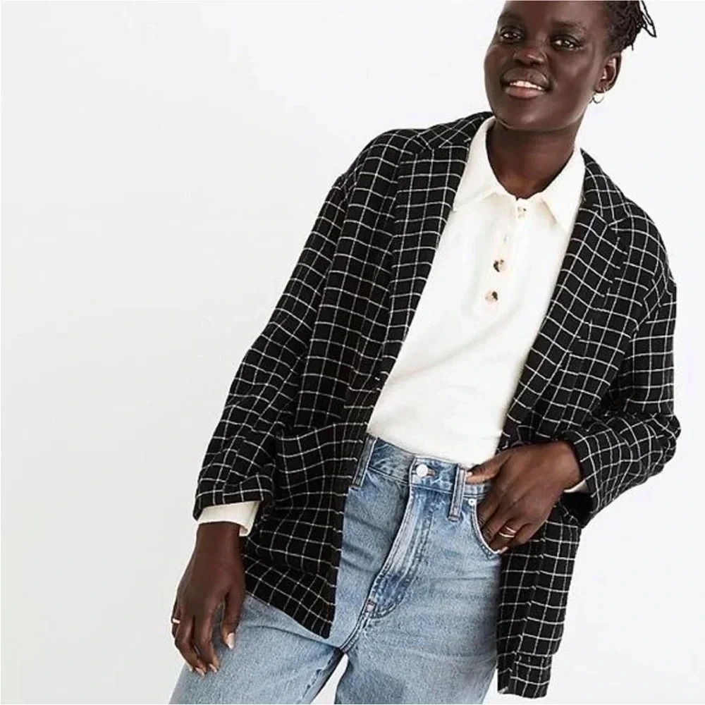 Madewell Women's Black Coat Waffleback Shaw Blazer in Windowpane Size Small